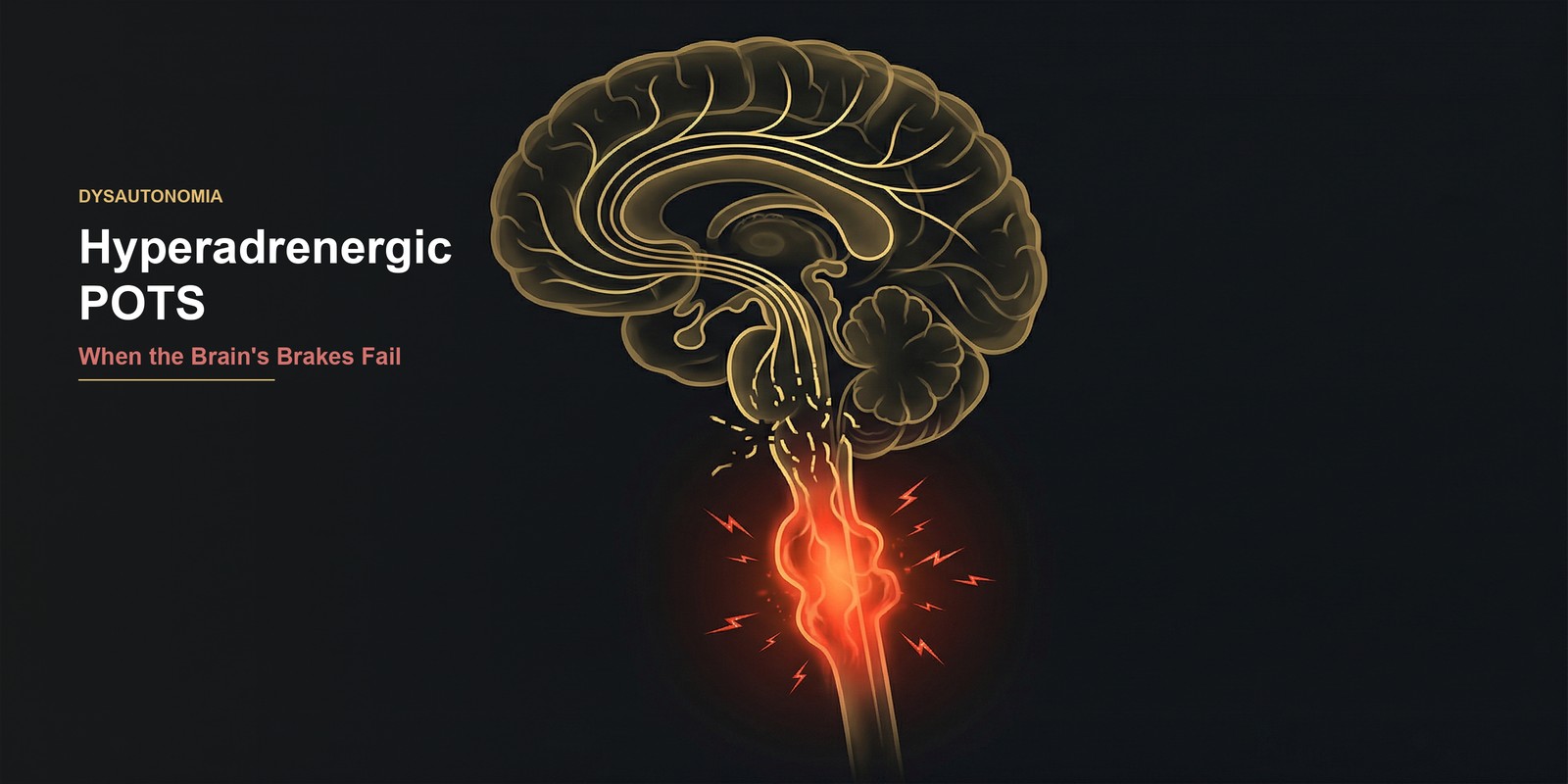 Brain with gold neural pathways above and red-hot uncontrolled brainstem below — descending inhibition failing
