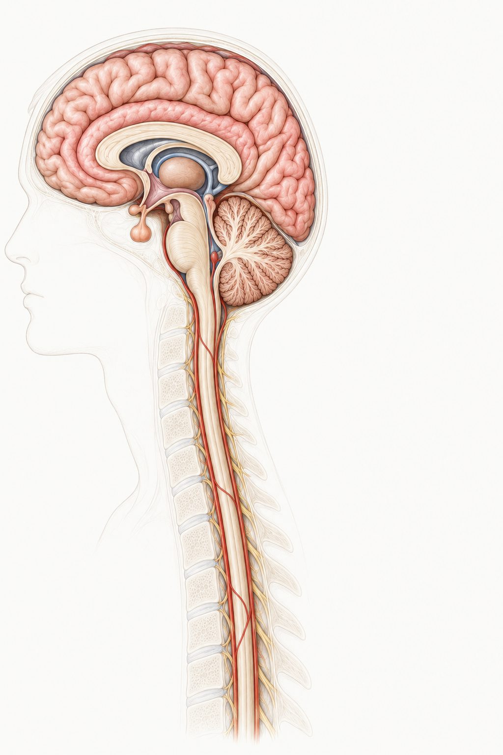 Labeled midline view of the brain, brainstem and spinal cord showing the cerebral cortex, cingulate gyrus, thalamus, hypothalamus, midbrain, pons, medulla, cerebellum, spinal cord and sympathetic nerves