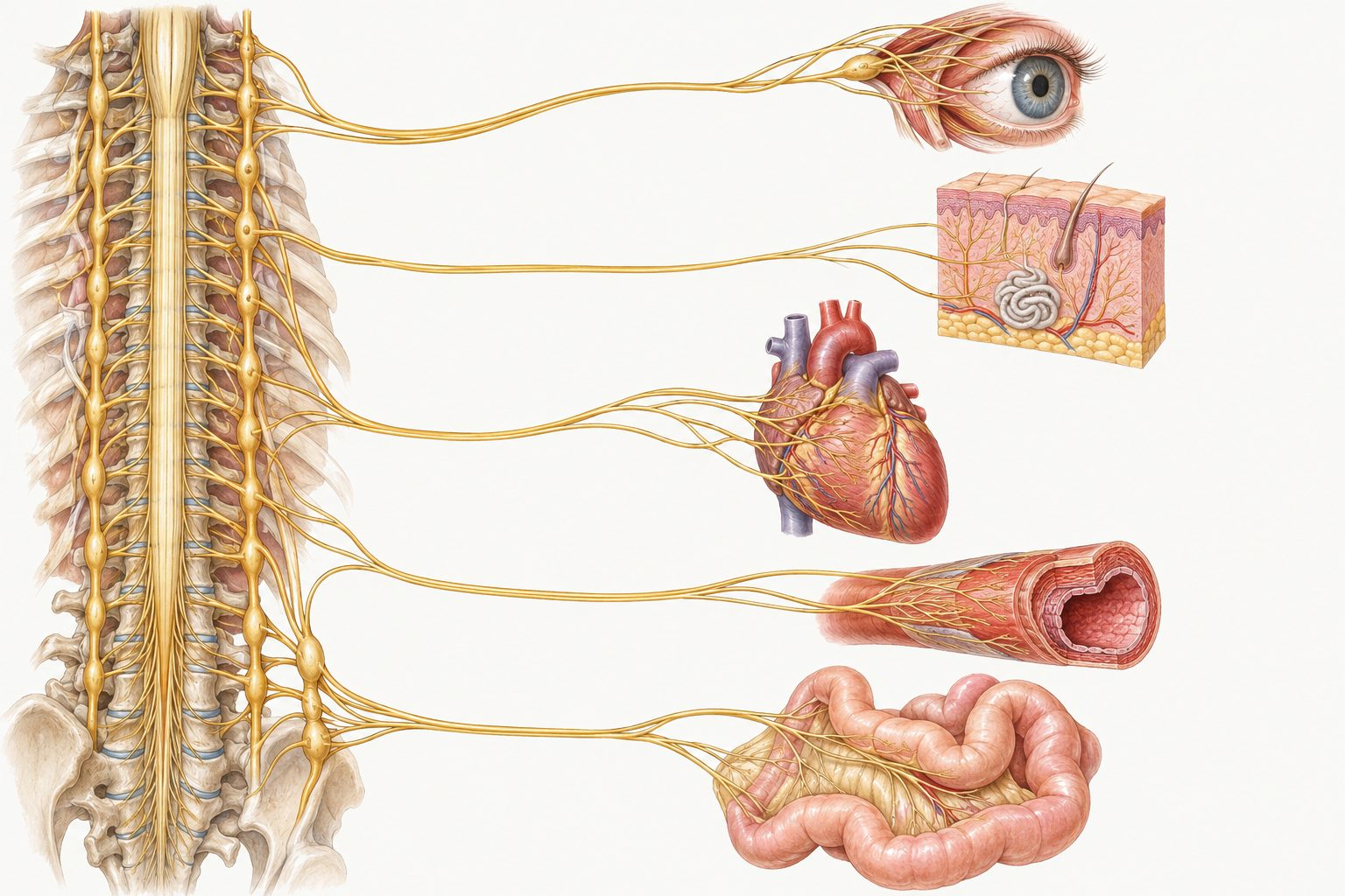 Sympathetic outflow: the spinal cord and sympathetic chain send nerves to the eye, a sweat gland in the skin, the heart, an artery wall and the gut