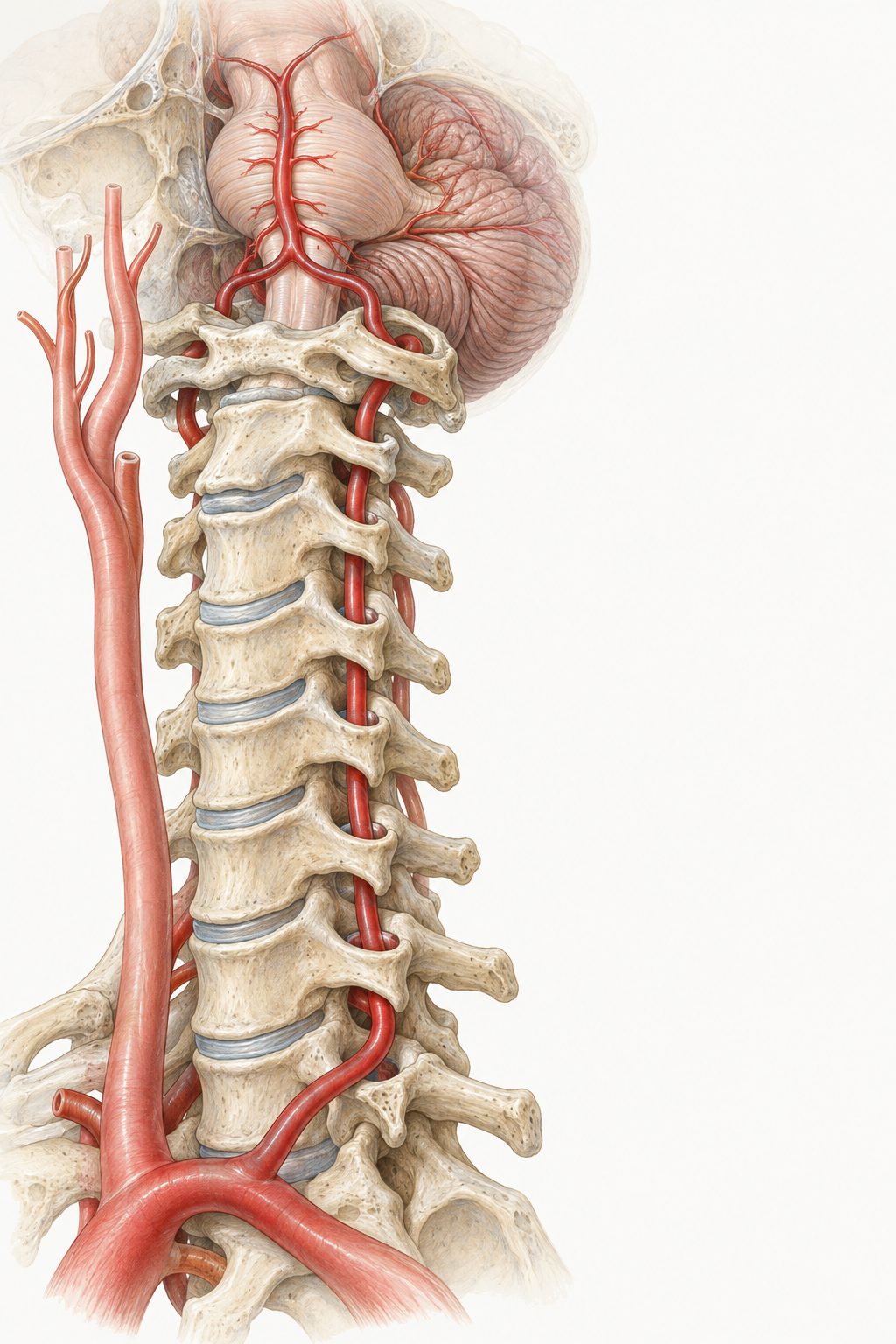 Labeled view of the neck showing the vertebral artery climbing through the transverse foramen of each cervical vertebra, looping over the atlas and joining the basilar artery on the brainstem, with the cerebellum behind and the carotid artery in front