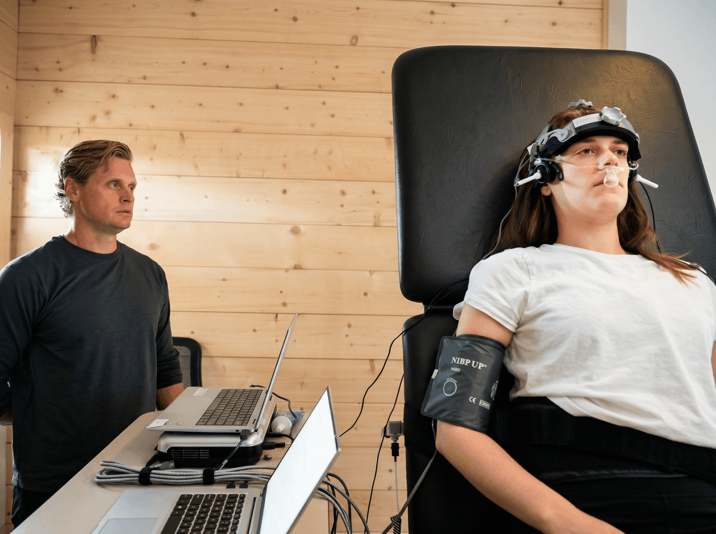 Patient on tilt table during neurological testing